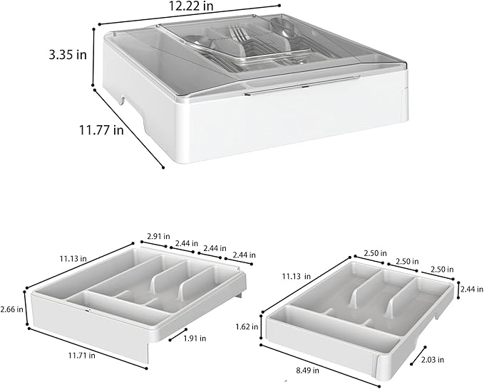 Double Layer Silverware Tray with Lid, Utensil Holder for Countertop Flatware Organizer for Kitchen Drawers with 2 Tier Cutlery Tray and 9 Compartments Silverware Storage Bin (White)