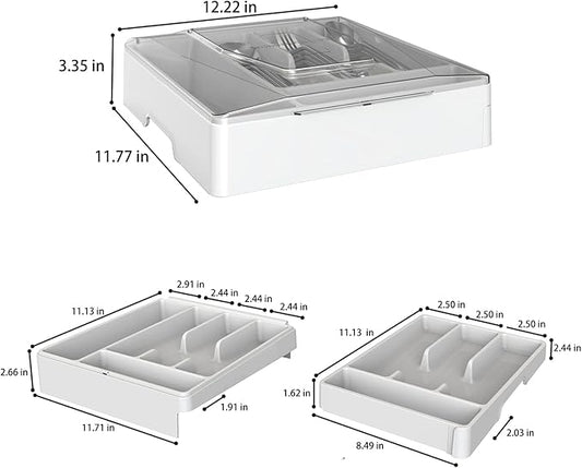 Double Layer Silverware Tray with Lid, Utensil Holder for Countertop Flatware Organizer for Kitchen Drawers with 2 Tier Cutlery Tray and 9 Compartments Silverware Storage Bin (White)