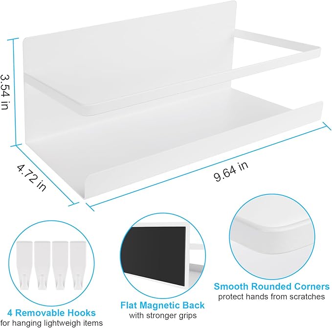 Magnetic Spice Rack for Refrigerator, 2 Pack Magnetic Shelf Fridge Organizer for Spice Jars, Magnet Shelves Seasoning Spice Holder with 4 Hooks for Kitchen White Board Pantry Organizers and Storage