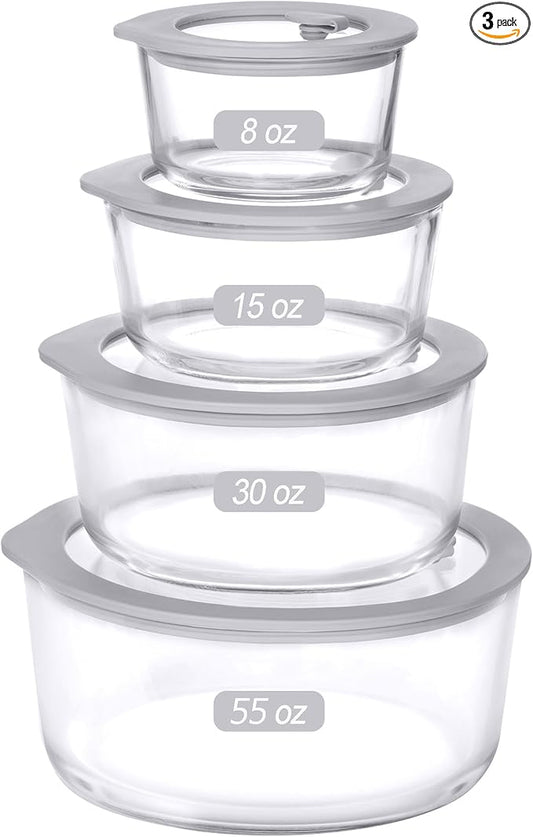 Glass Food Containers with Glass Lid, Microwave Safe Glass Food Storage Container, Large 4 Pack Round Shape, Glass Food Containers with Lids, Glass Meal Prep containers with Leak Proof Lid.