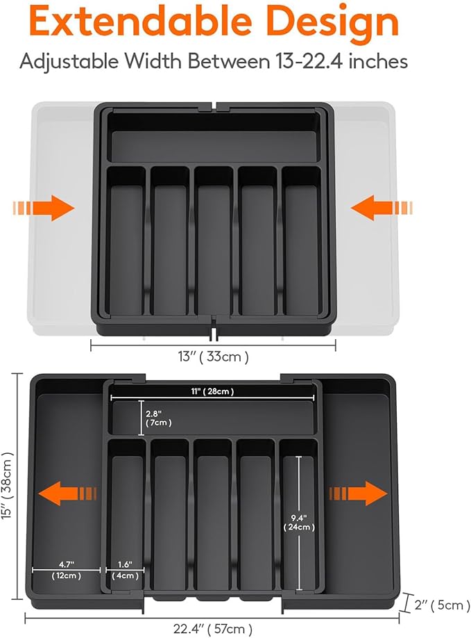 silverware drawer organizer, expandable silverware storage, utensil organizer, durable plastic cutlery storage box for forks, spoons, and knives - kitchen essentials for new home (black)