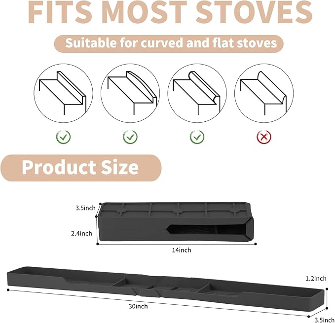 Silicone Stove Top Shelf 30" Magnetic Spice Rack Organizer Over The Stove Top for Kitchen for Curved Stove Oven Top Spice Rack Heat Insulation Non-slip (Black)