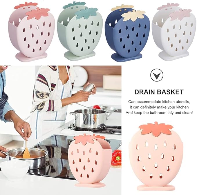 AKOAK 1 Pack Strawberry Chopsticks Stand, Cutlery Storage Box, Suitable for Storing Spoons, Chopsticks, Spoons, Knives and Other Kitchen Utensils (Light Pink)