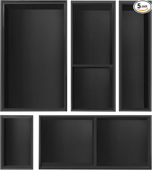 Bamboo Drawer Organizer, 5-Piece Silverware & Kitchen Organizer Set with Removable Dividers for Kitchen, Utensils, Bathroom, Office, Makeup (Black)