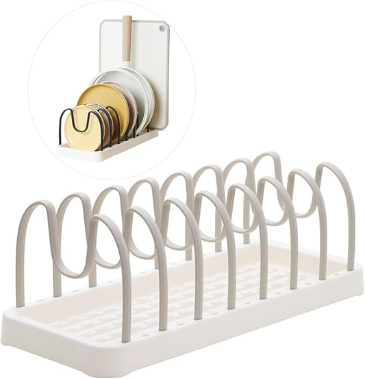 Pot and Pan Organizer, 8 Adjustable Compartment Pan Lid Organizer for Cabinet Drawer for Pot Lid Holder Bakeware Cutting Boards Cookware Dishes (Khaki Gray)