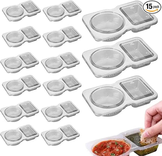 15 Pcs Double Compartment Condiment Container - 2 Compartment Snack Containers, Condiment Containers with Lids, Portable Reusable Sauce Container for Take away Sauces Dips and Travelling Snacks