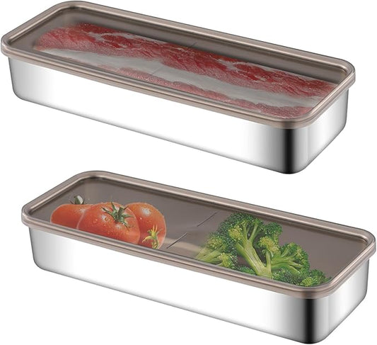 2 Pack Bacon Container for Refrigerator, 304 Stainless Steel Airtight Deli Meat Storage Containers for Fridge Dishwasher Safe Long Kitchen Food Storage Containers with Lids (26.5*10*4.6cm)