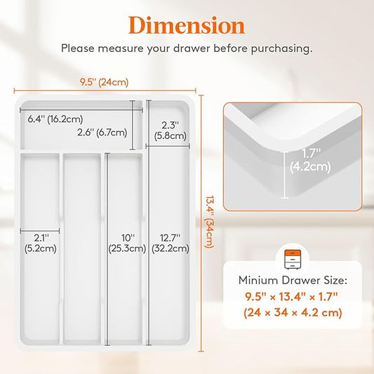 Lifewit Silverware Tray, Deep Wide Cutlery Drawer Organizer Storage for Kitchen, Plastic Flatware Utensil Holder Divider for Spoons Forks Knives Tableware, 5 Compartment, White