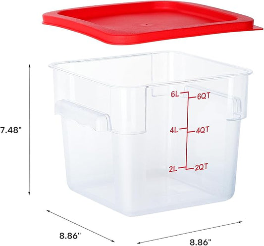 4 Pack Food Storage Containers, 6 Quart with Lids, Square Commercial Containers with Scale, NSF, Polycarbonate, Clear
