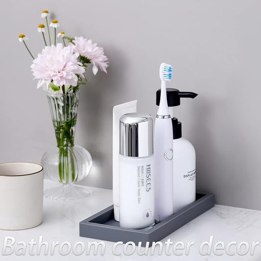 Small Silicone Bathroom Vanity Tray Rectangle Soap and Sponge Holder Kitchen Sink Organizer for Scrubber, Lotion Bottles, Perfume, Jewelry, Candle, Key Trinket Ring, Grey