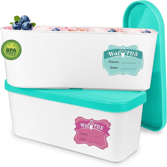 Walfos Ice Cream Containers - 1.6 Quart Each, Reusable Homemade Ice Cream Tubs with Silicone Lids, Stackable Freezer Storage Container for Yogurt, Sorbet, Gelato, Bonus 2 Bands, 12 Stickers, Set of 2