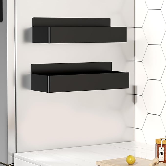 Magnetic Spice Rack for Refrigerator, Kitchen Organizer and Storage Shelf, Black (2 Pack)…