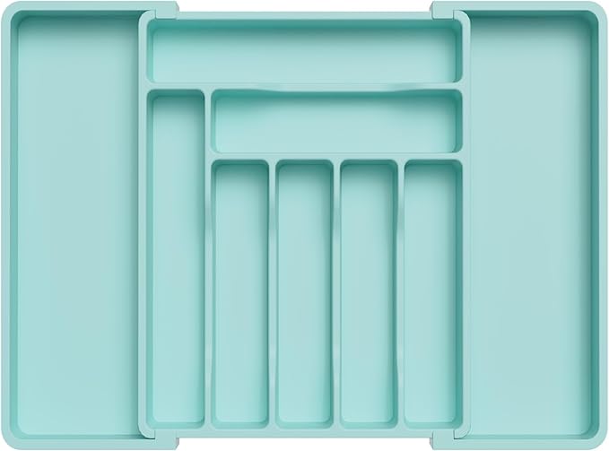 Lifewit Silverware Drawer Organizer, Expandable Utensil Organizer for Kitchen Drawers, Adjustable Cutlery and Flatware Tray, Plastic Spoons Forks Knives Holder Storage Dividers, Large, Turquoise