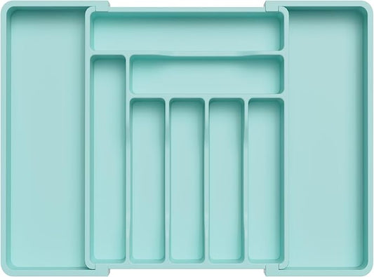 Lifewit Silverware Drawer Organizer, Expandable Utensil Organizer for Kitchen Drawers, Adjustable Cutlery and Flatware Tray, Plastic Spoons Forks Knives Holder Storage Dividers, Large, Turquoise