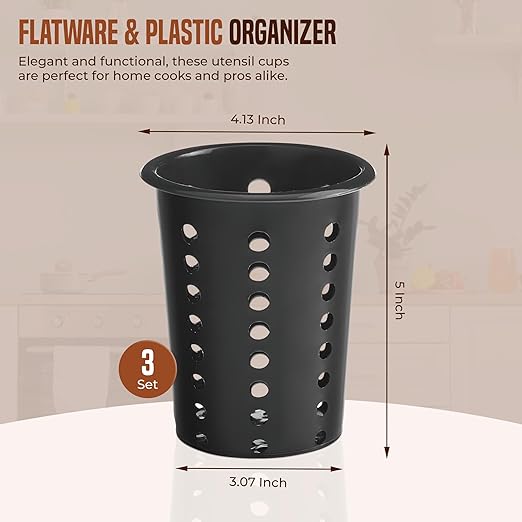 OCS Parts Perforated Utensil Drying Cups | Black | Set of 3 | Plastic Flatware Holder Cylinders for Kitchen Counter Organization