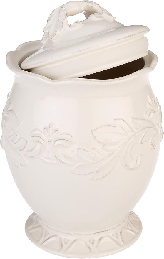 Firenze Ivory 3-Piece Ceramic Canister Set with Lids – Elegant Kitchen Storage Jars for Flour, Sugar, Coffee or Tea – Vintage White Countertop Décor for Farmhouse or French Country Homes