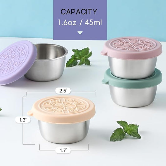 [6 Pack] Salad Dressing To Go Containers, 1.6 oz Small Stainless Steel Sauce Cups With Leakproof Silicone Lids, For Lunch Boxes, Picnics and Travel
