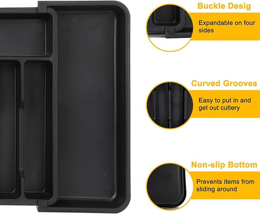 Houseware Expandable Kitchen Drawer Flatware Organizer,Silverware Organizer Utensil Drawer Cutlery Tray, Black