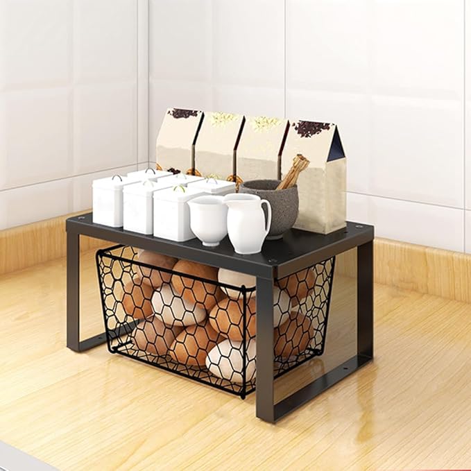 Stackable Cabinet Shelf Organizer Counter Storage Spice Rack Metal Space Saving for Kitchen Pantry Cupboard Countertop Bathroom Bedroom Under Sink Office, Black - Medium