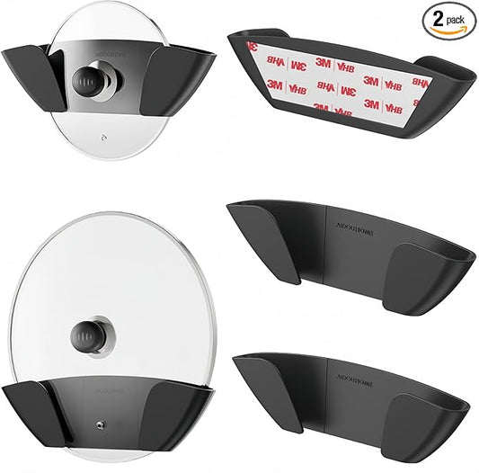 Pot Lid Organizer - 2 Pack Universal Pan Lid Holder, Self Adhesive, Wall Mount, Cabinet Door Top Storage Rack, Fits 6" to 13"