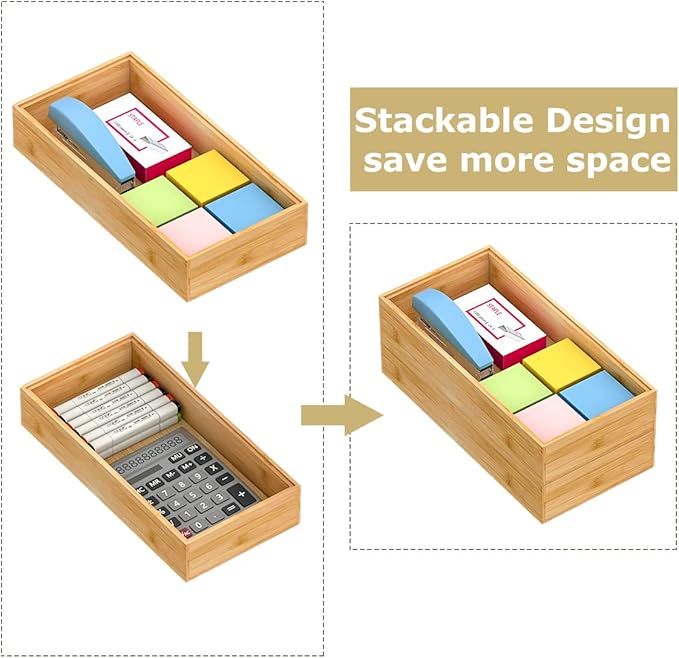 Stackable Bamboo Kitchen Drawer Organizer, Stackable Silverware Tray Utensil Organizer Holder for Kitchen Drawers, Multi-Use Storage Box for Office Desk, Makeup, Jewelry - 2 Pack, (12x6x2.5 inch）