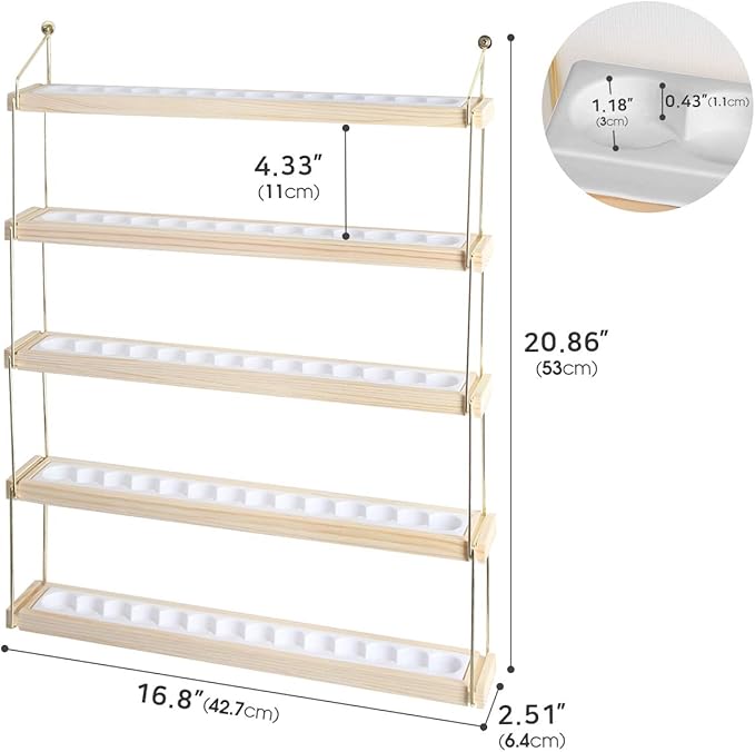 J JACKCUBE DESIGN Wall Mount Essential Oils Display Shelf with 5 Tier for 70 Bottles Holder Gold Frame and Wood Rack Organizer - MK482B