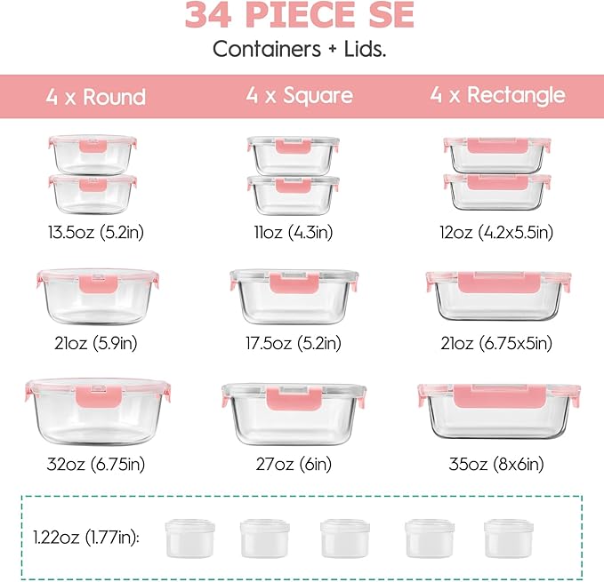 34pcs Glass Food Storage Containers with Lids Set, Airtight Glass Meal Prep Containers (17 Containers & 17 Lids), Leak Proof Lunch Containers BPA-Free, Microwave, Oven, Freezer, Dishwasher Safe-PINK