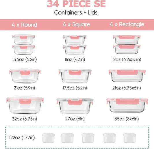 34pcs Glass Food Storage Containers with Lids Set, Airtight Glass Meal Prep Containers (17 Containers & 17 Lids), Leak Proof Lunch Containers BPA-Free, Microwave, Oven, Freezer, Dishwasher Safe-PINK