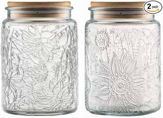 ANSQU Set of 2 Vintage Glass Jars, 23.7 FL OZ Candy Jars with Lids, Sugar Container Mason Jars for Home Kitchen Pantry, Cute Jar (Daisy & Sunflower)
