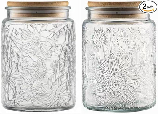 ANSQU Set of 2 Vintage Glass Jars, 23.7 FL OZ Candy Jars with Lids, Sugar Container Mason Jars for Home Kitchen Pantry, Cute Jar (Daisy & Sunflower)