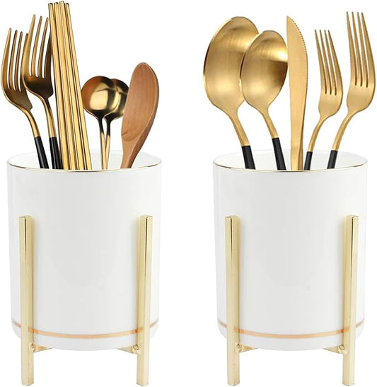 Small Utensil Holder for Kitchen Countertop, Flatware Organizer for Dining Table, SAMAZAMA Ceramic Utensil Caddy Crock with Gold Trim, Kitchen Decor, Set of 2
