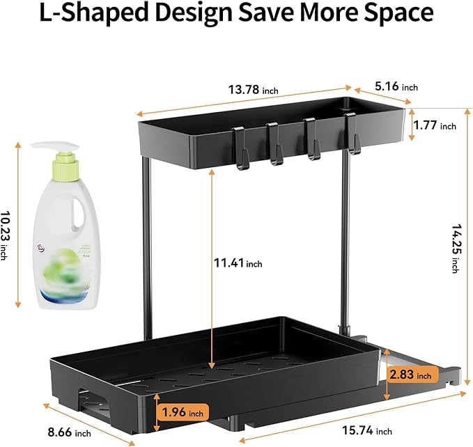 Delamu 2 Pack Under Sink Organizers and Storage, 2 Tier Pull Out Bathroom Cabinet Organizer, L-Shape Black Under Bathroom Kitchen Sink Organizer with Drawer for Under Sink Storage Organizer