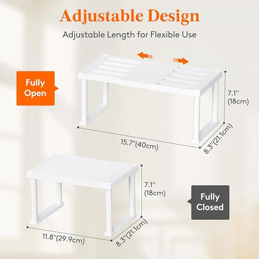 Lifewit Cabinet Shelf Organizer, Expandable Countertop Kitchen Shelves, Plastic Shelf Riser for Pantry Kitchen Storage and Spice Rack, Set of 4, White