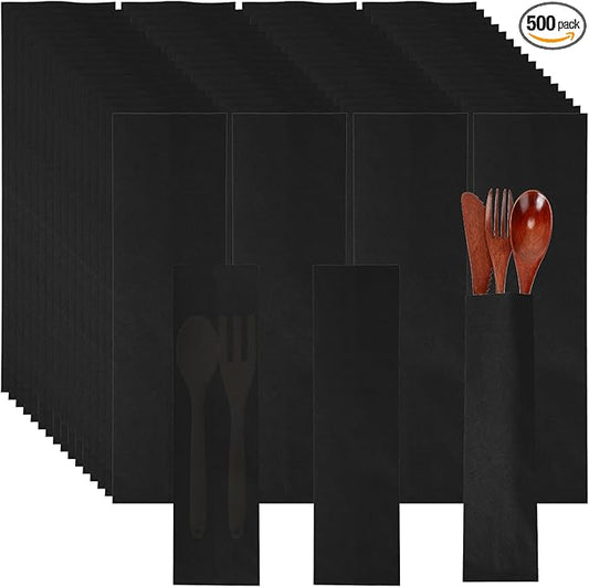 Geelin 500 Pcs Paper Silverware Bags 10" x 2-3/4" Kraft Utensils Sleeves for Restaurant Flatware Holder Unprinted Cutlery Bags Chopsticks Holder Christmas Wedding Party Tableware (Black)