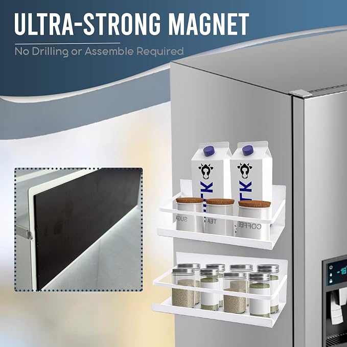 Magnetic Spice Shelf Rack for Refrigerator - White, Sturdy Metal Organizer, Strong Magnet Spices Storage Organization for Fridge, Oven, Washing Machine, Water Dispenser and more - Space-Saving