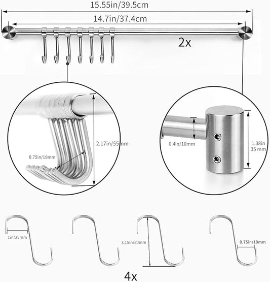 15.6 Inch Wall Mounted Pots and Pans Hanging Rack, 304 Stainless Steel, Rust Resistant, Space Saving, Easy Installation, 7 Sliding Hooks, 1 Pack