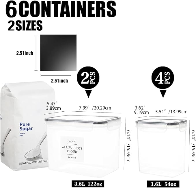 6 Pcs Airtight Flour and Sugar Containers with 132 Kitchen Pantry Labels Preprinted - Stackable Plastic Cereal Storage Canisters with Lids