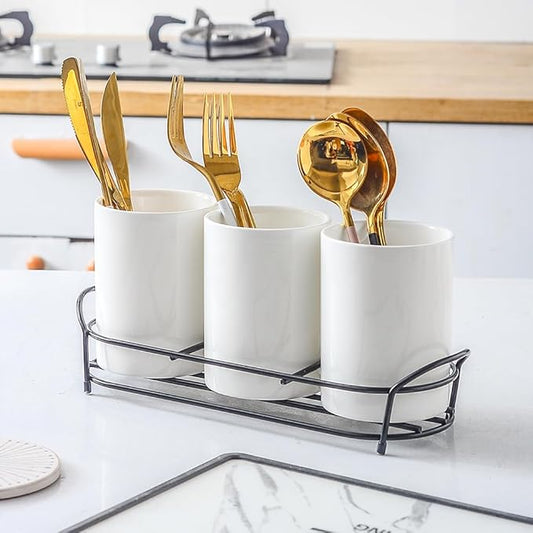 3-Piece White Ceramic Silverware Caddy with Black Metal Rack, Utensil Holder Flatware Caddy Cutlery Storage Organizer for Kitchen Table (White+Black)