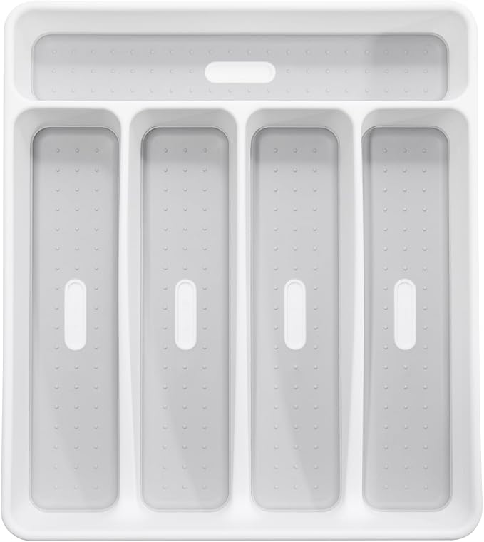madesmart Classic Small Silverware Tray - White | CLASSIC COLLECTION | 5-Compartments | Icons help sort Flatware, Utensils and Cutlery | Soft-grip Lining and Non-slip Feet | BPA-Free