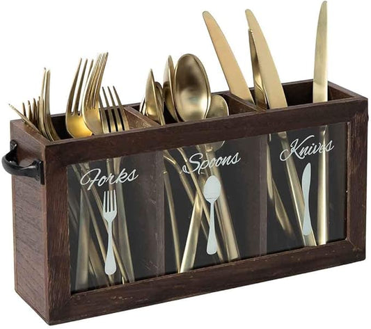 BLU MONACO Espresso Wooden Cutlery & Utensil Caddy – Silverware Organizer Bin for Forks, Spoons, Knives – Perfect for Kitchen Countertop