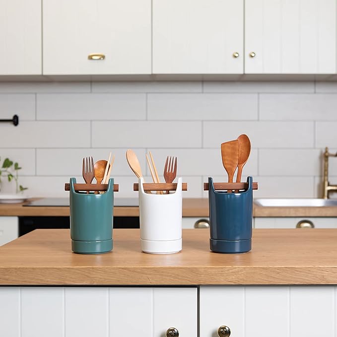 Kitchen Utensil Holder for Flatware, Silverware, Cutlery and Cooking Accessories, Wood and Ceramic, Countertop and Table Caddy (Blue)
