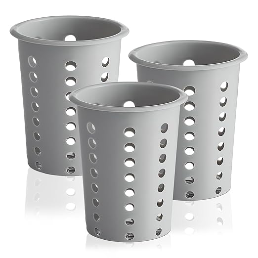 OCS Parts Perforated Utensil Drying Cups | Gray | Set of 3 | Plastic Flatware Holder Cylinders for Kitchen Counter Organization