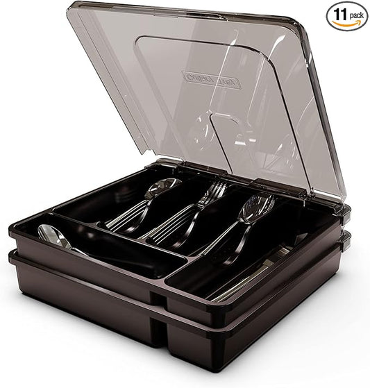 Silverware Holder with Lid, Double Layer Utensil Tray with Cover Large Flatware Organizer Plastic Cutlery Container for Kitchen Drawer Countertop 10 Compartments,Black