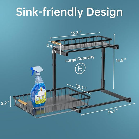Delamu Under Sink Organizer, Pull Out Cabinet Organizer, Slide Out Under Sink Storage Shelf, Undersink Organizers Shelves for Kitchen Bathroom Pantry