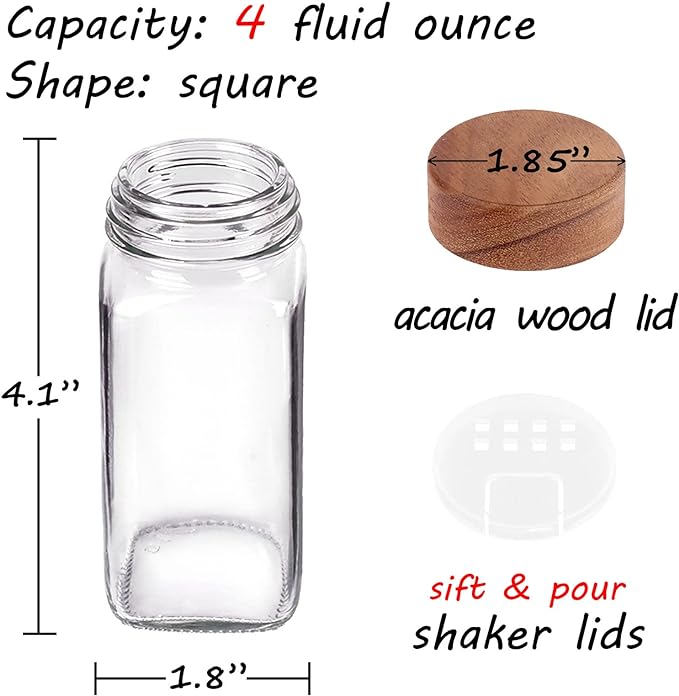 Churboro 48 Spice Jars with 547 Labels and Shaker Lids - Glass - 4 Oz Square Containers with Acacia Wood Lids, Chalk Pen, Funnel Seasoning Jars for Spice Rack, Cabinet, or Drawer