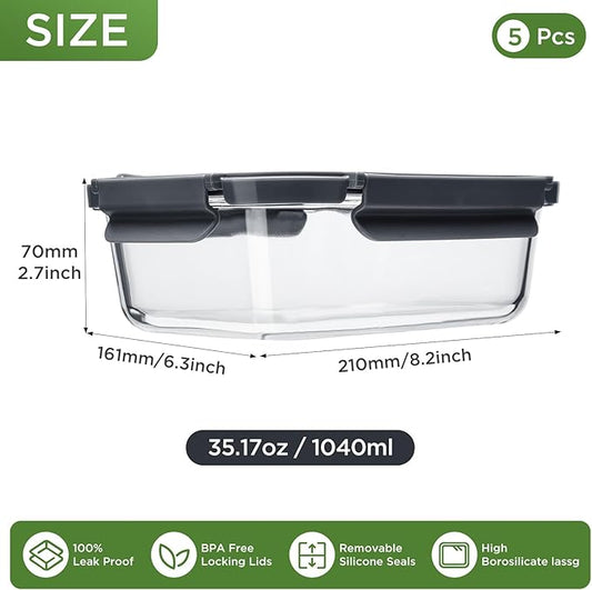 Glass Food Storage Containers with Glass Lids, 5 Pack of 36oz, Glass Meal Prep Container with Airtight Lids, Microwave Safe Food Container Set, BPA Free, LeakProof, Ideal for Lunch