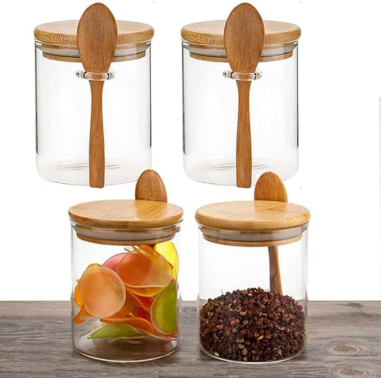 Airtight Glass Jars With Bamboo Lids And Spoons, 17oz Glass Canisters With Lid For Spice Beans Tea, Sealed Sugar Container, Glass Coffee Containers, Food Jars Canisters, Kitchen Accessories (4pcs)