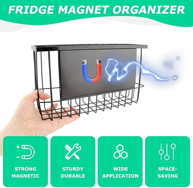 Magnetic Spice Rack for Refrigerator, Magnetic Basket Organizer Shelf Rack, Kitchen Moveable Magnetic Storage Holder, Office File Plastic Food Wrap Spice Pegboard Holder