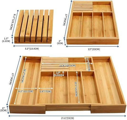Bamboo Silverware Cutlery Drawer Organizer with Knife Blocks -Expandable Drawer Organizer with Dividers for Kitchen Utensil & Flatware Organizer (7 Slots)