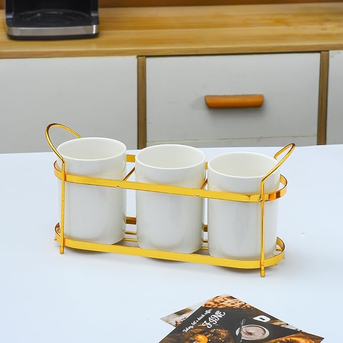 3-Piece White Ceramic Silverware Caddy with Black Metal Rack, Utensil Holder Flatware Caddy Cutlery Storage Organizer for Kitchen Table (White+Gold A)